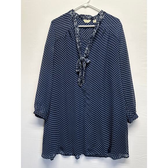 Anthro 11:1 TYLHO Navy Polka Dot Tie-Neck Dress L Breezy Retro Style Old Money - Picture 1 of 11